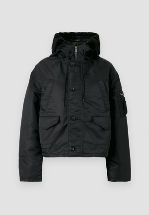 Sort cropped pufferjakke med lynlås og knaplukning, to forlommer, en justerbar hætte og en blød inderside.