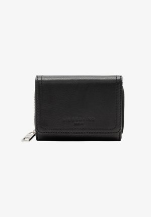 Black leather wallet with a textured finish, featuring a zippered compartment and a sleek fold-over design. Embossed logo detail on front.
