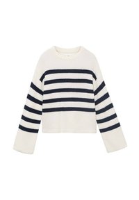 Weißer, kürzer geschnittener Pullover mit marineblauen horizontalen Streifen, langen Ärmeln und Rundhalsausschnitt. Gestrickte Textur. Einfaches Design ohne Verzierungen.