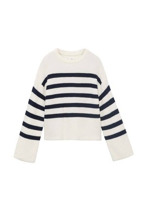 Pull court blanc avec des rayures horizontales bleu marine, présentant des manches longues et un col rond. Texture tricotée. Design simple sans embellissements.