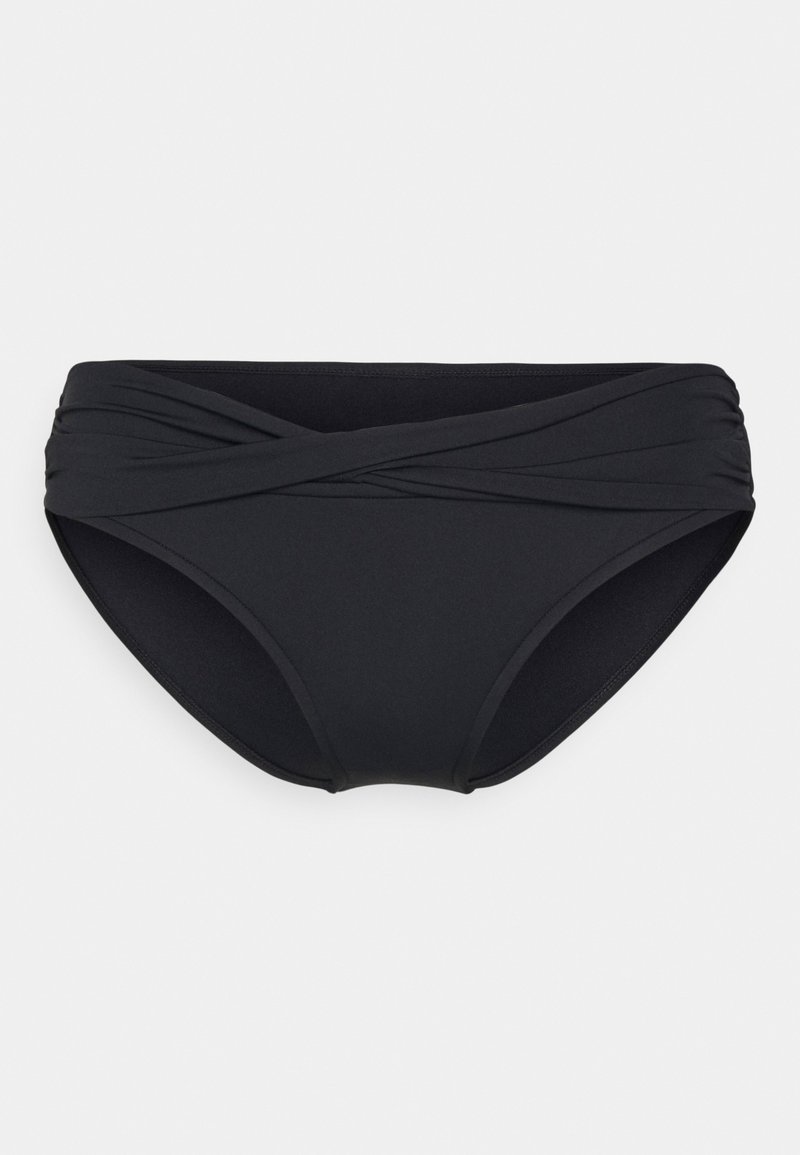 Black bikini bottom with a crisscross design at the waist, made from stretchy material, featuring smooth texture and brief coverage.