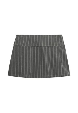 Donkergrijze mini-rok met dunne verticale witte streepjes en een asymmetrische voorkant.