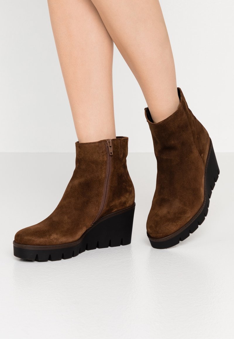 Bottines en daim marron avec fermeture éclair latérale, talons compensés et semelles à larges crampons portées sur des jambes nues contre un fond clair uni.