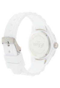 Biały zegarek na silikonowym pasku z okrągłą tarczą, srebrnymi akcentami i grawerowanym tyłem. Wyposażony w zapięcie ze stali nierdzewnej, zapewniające pewne zapięcie.