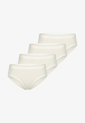 Vier effen witte katoenen damesbroekjes, in een verspringende rij gerangschikt tegen een witte achtergrond.