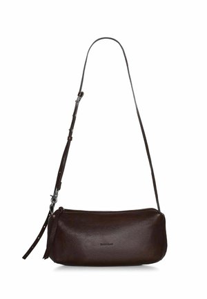 Brown leather crossbody bag with a textured finish, zip closure, and an adjustable strap for versatility. Minimalistic design, no visible hardware.