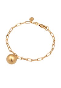 Gold chain bracelet featuring elongated links and a smooth spherical pendant. The clasp is a lobster style for secure fastening.
