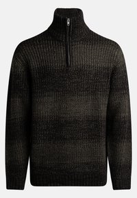 Gilet zippé tricoté en vert foncé et noir, présentant un col haut et une texture côtelée. Manches de longueur mi-verte avec une coupe droite.