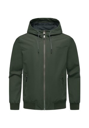 Huppari tummanvihreänä, valmistettu sileästä kankaasta. Varustettu etulampulla, kahdella sivulampulla ja ribattuilla hihansuilla ja helmalla.