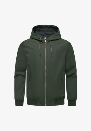 Huppari tummanvihreänä, valmistettu sileästä kankaasta. Varustettu etulampulla, kahdella sivulampulla ja ribattuilla hihansuilla ja helmalla.