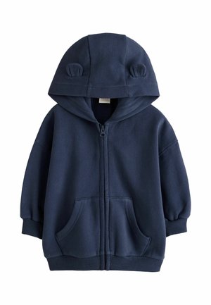 Navy blue toddler zip-up hoodie with front pockets and a hood featuring small fabric ears on top.
