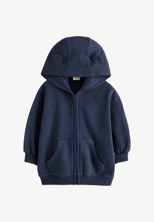 Sweat à capuche zippé bleu marine pour tout-petits avec poches avant et capuche ornée de petites oreilles en tissu sur le dessus.