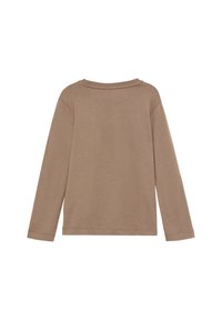 Bruine lange mouwen t-shirt van zacht katoen. Heeft een ronde halslijn en eenvoudige stiksels langs de zoom en manchetten. Geen patronen of grafische afbeeldingen.