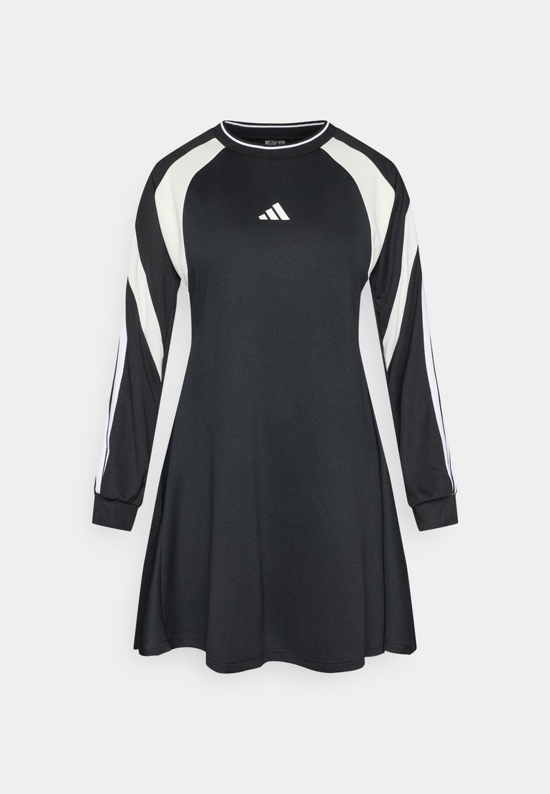 Black athletic dress with long sleeves, white accents on shoulders, and logo on chest. Made from soft, stretchy material with a flared shape.
