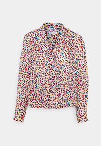 Long-sleeve blouse in lightweight fabric, featuring a multi-colored, abstract spotted pattern on a white background. Notched collar, button-down front.