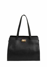 Svart läder tote-väska med texturerad yta, två långa handtag, guldfärgad hårdvara och en strukturerad form. Har ett klaffstängning.