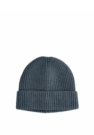 Ribakudumine beanie tumedas hallis, millel on voltitud krae. Valmistatud pehmest materjalist, see omab tekstuurset kangast ja ilma õmblusteta ülaosa disaini.