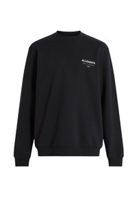 Sudadera negra de manga larga con cuello redondo, con el texto blanco "ALLSAINTS LONDON" y caracteres japoneses en la parte superior izquierda del pecho.