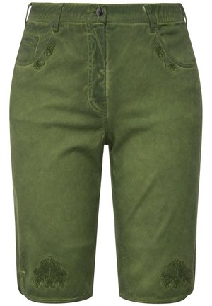 Pantalones cortos verdes hechos de una tela suave con patrones bordados de hojas en los bolsillos y los dobladillos. Diseño clásico con una estética tradicional.