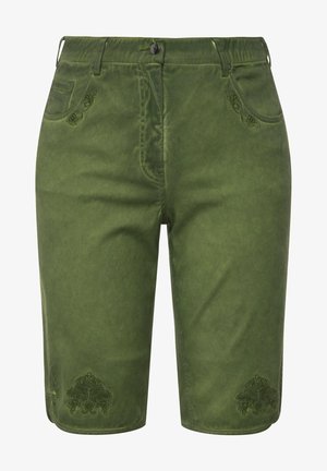 Grønne shorts lavet af blødt stof med broderede bladmønstre på lommerne og kanten. Klassisk design med en traditionel æstetik.