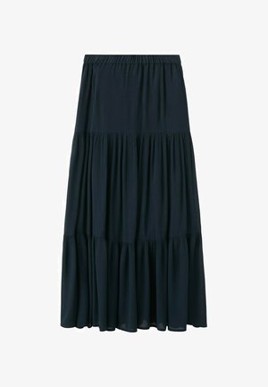 Lang sort lagdelt nederdel med elastisk linning, lavet af letvægtsstof, med tre rynkede lag og en flydende silhuet.