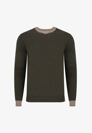 Ciemnozielony sweter z długimi rękawami, okrągłym dekoltem i kontrastującymi jasnobrązowymi żebrowanymi detalami przy kołnierzyku i mankietach.