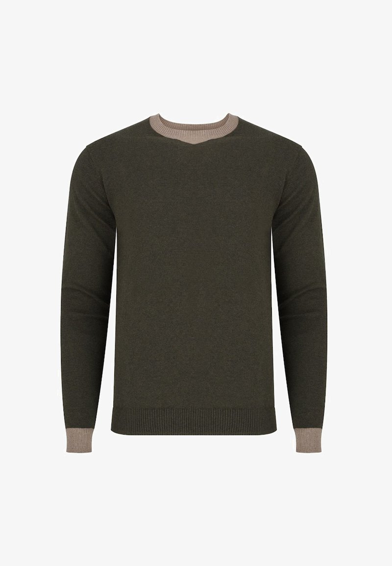 Ciemnozielony sweter z długimi rękawami, okrągłym dekoltem i kontrastującymi jasnobrązowymi żebrowanymi detalami przy kołnierzyku i mankietach.