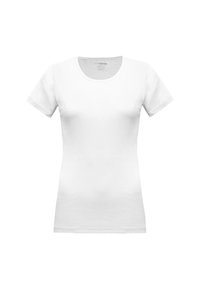 T-shirt bianca a maniche corte con collo rotondo, realizzata in cotone, caratterizzata da un design aderente e una texture liscia.