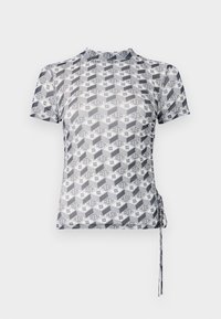 Short-sleeve, fitted top featuring a geometric black and white pattern with "HUGO" branding and side drawstring for adjustment.