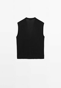 Gilet noir sans manches à col en V en tricot avec une bordure côtelée, étalé à plat sur un fond blanc.