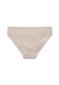 Mutande di cotone beige con una consistenza morbida, forma triangolare e bordi lisci. Senza motivi o accessori, progettate per il massimo comfort.