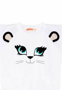 Sudadera blanca para niños con un diseño de cara de gato, acentos en negro, grandes ojos color teal y detalles texturizados en las orejas en los hombros.