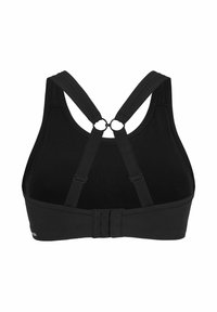 Svart sportbh med en tjock rem, justerbara dubbla axelband och knäppning på baksidan. Slät textur med en minimalistisk design.