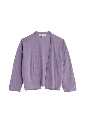 Cardigan violet clair à ouverture frontale, manches longues et bords côtelés, posé à plat sur un fond blanc.