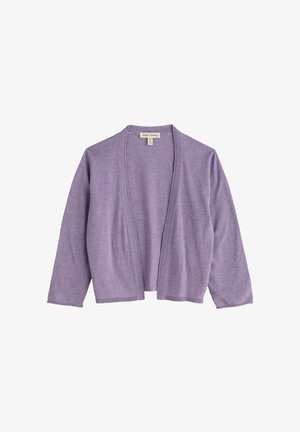 Svetlofialový kardigán s otvoreným predným dielom, dlhými rukávmi a rebrovanými lemami, rozložený na bielom pozadí.