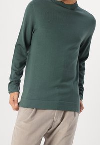 Ciemnozielony sweter z długim rękawem i wysokim kołnierzem, wykonany z gładkiego materiału, w połączeniu z beżowymi spodniami z kordurowej tkaniny. Prosty fason, dopasowany krój.