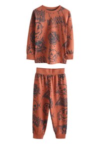 Ensemble de pyjama orange à manches longues avec un imprimé graphique noir représentant des crânes et le mot "Limited". Le haut possède des poignets côtelés, et le pantalon a une taille élastique.