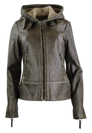 Giubbotto di pelle marrone con cappuccio foderato in pelliccia sintetica. Presenta una zip frontale, due tasche laterali e cinturini regolabili sul cappuccio.