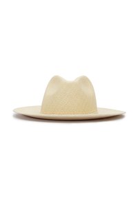 Breiter Strohhut in hellbeige mit strukturierter Webart, ausgestattet mit einer moderat erhöhten Krone und einem glatten, flachen Rand.