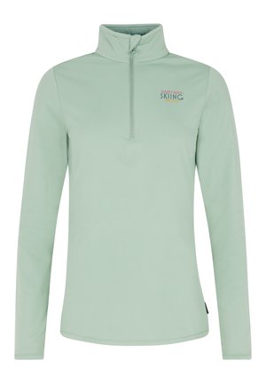 Lichtgroene langemouwen pullover met een hoge kraag en een kwart-rits. Bevat een meerkleurige grafiek met "Laten we gaan skiën" op de borst.