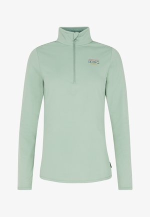 Lichtgroene langemouwen pullover met een hoge kraag en een kwart-rits. Bevat een meerkleurige grafiek met "Laten we gaan skiën" op de borst.