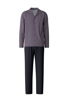 Langdurig pyjama set met een gestreepte top in marineblauw en wit met een geknipte kraag, gecombineerd met effen marineblauwe broek. Zachte stofstructuur.