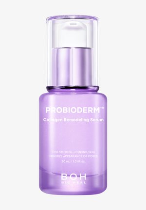Flacon pompe violet étiqueté Probioderm sérum remodelant au collagène pour une peau lisse et des pores minimisés, 30 ml par BOH Bio Heal.