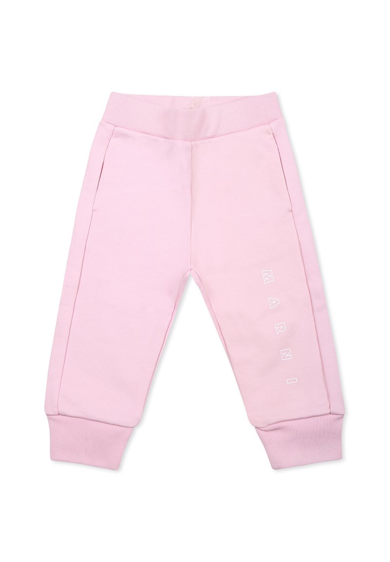 Roze katoenen sweatpants met zijzakken, elastische tailleband, ribgebreide manchetten en bedrukte logotekst op het linkerpoot. Zachte textuur.