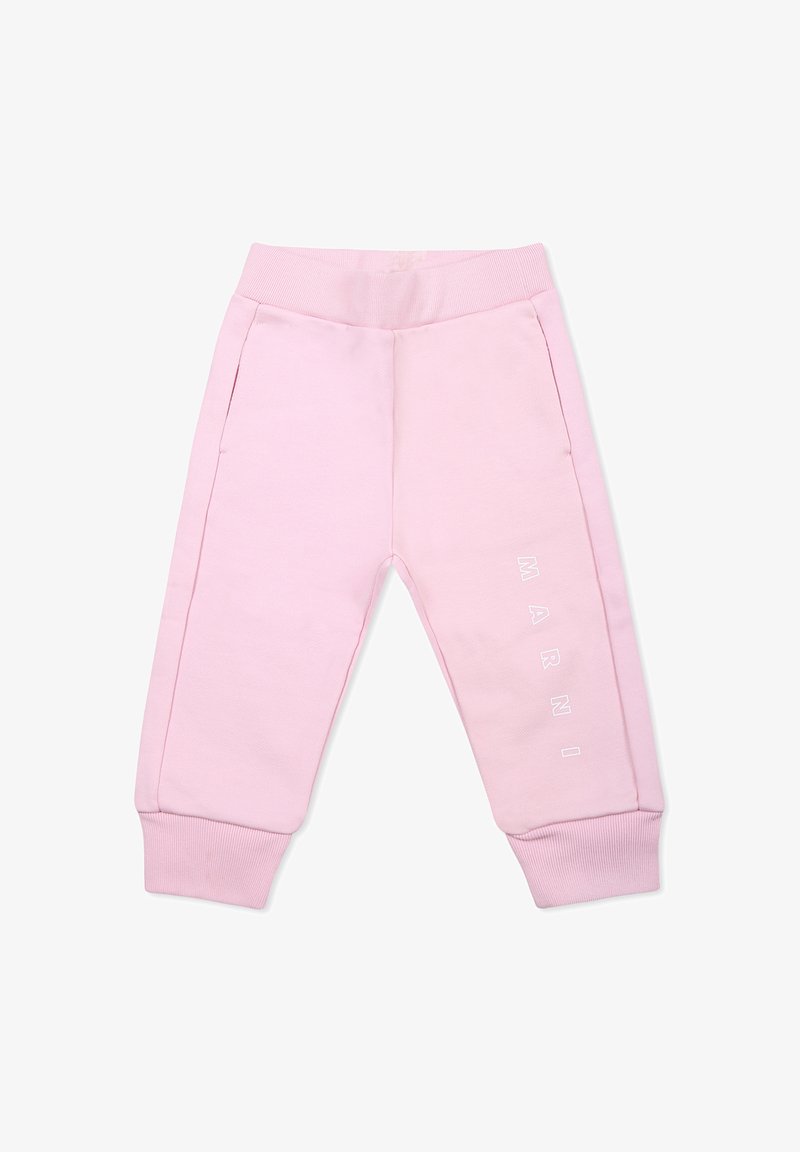 Roze katoenen sweatpants met zijzakken, elastische tailleband, ribgebreide manchetten en bedrukte logotekst op het linkerpoot. Zachte textuur.