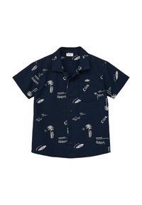 Kortekам shirt in marineblauw met witte tropische prints, waaronder palmbladeren, haaien en surfplanken; voorzien van een borstzak en knoopsluiting.