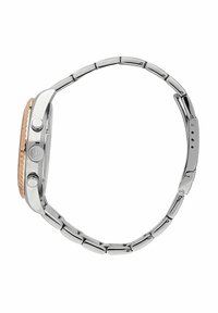 Orologio da polso in acciaio inossidabile argentato con una lunetta rotonda in oro rosa, diversi pulsanti e un bracciale a maglie con una finitura lucida.