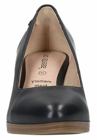 Décolleté in pelle nera con punta affusolata, dotato di una soletta in memory foam e un tacco basso in pelle marrone. L'interno è liscio e ammortizzato.