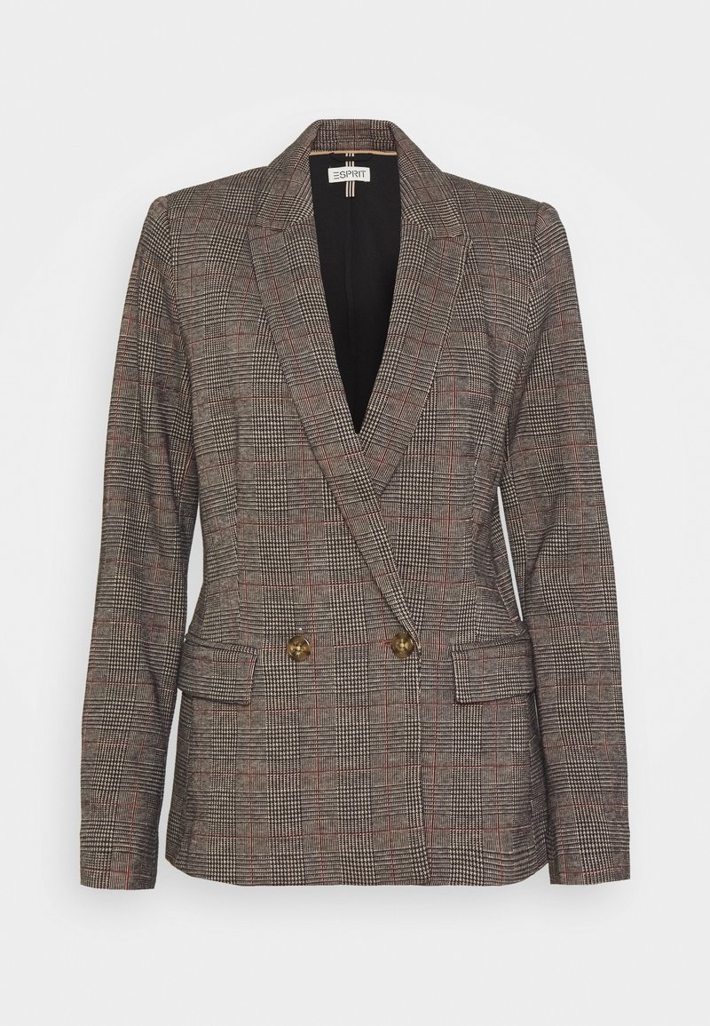 Veste croisée à carreaux marron et beige avec revers crantés, deux boutons, poches à rabat et manches longues, étiquetée Esprit.