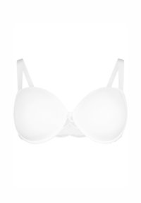 White padded bra with smooth cups, adjustable straps, and a lace accent at the center. Simple design with no visible hardware.